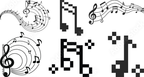 Music staff wave icon set collection with treble clef melody symbols, pixel notes, abstract sound lines, musical composition elements isolated on white background vector.