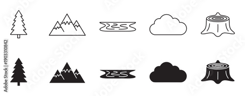 Collection of minimalist nature symbols including a fir tree, mountain, stream, cloud, and stump, shown in two variations as a thin black outline and a solid silhouette