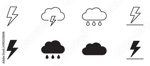 Set of black weather icons showing lightning, storm clouds, and rain in both outline and solid silhouette styles, perfect for graphic design and user interface elements