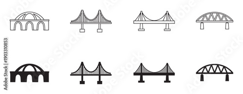 Collection of black bridge icons showing various architectural styles, including suspension, arch, and truss designs, presented in both outline and solid silhouette vector formats