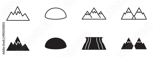 Set of black mountain icons in a minimalist style, featuring various peak shapes, hills, and a volcano presented as both line art outlines and solid filled silhouettes for graphic design