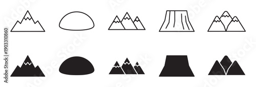 Set of ten mountain and hill icons in a minimalist style, featuring various simple geometric shapes in both black outline and solid silhouette versions