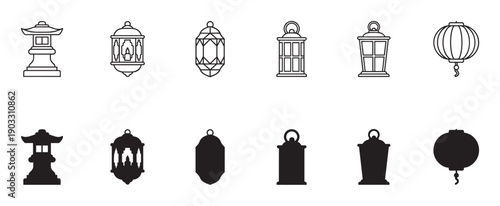 Set of twelve lantern vector icons presented in two distinct styles, line art and solid silhouette, showcasing traditional Asian and classic lamp designs for graphic elements