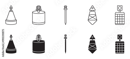 Sea buoy and navigational marker icon collection featuring various designs in both simple outline and solid black glyph styles for maritime safety