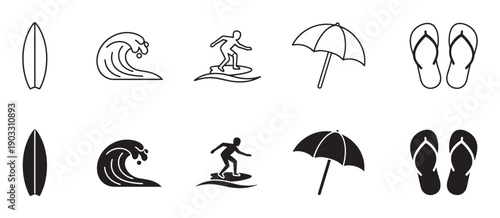 Black summer vacation and surfing icon set with a surfboard, ocean wave, surfer, beach umbrella, and flip-flops shown as both simple line art and solid black glyphs