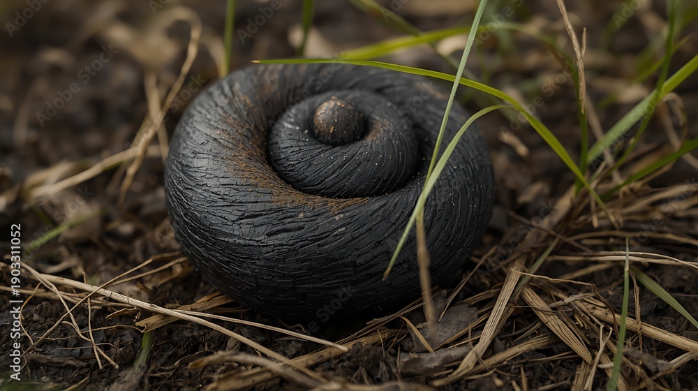Obraz premium Curl of black earthworm on damp soil with dry grass