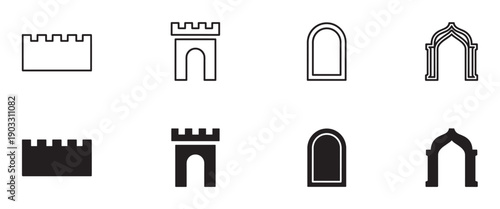 Collection of black medieval architecture icons featuring castle walls, towers, and various arch designs presented in both outline and filled silhouette graphic styles