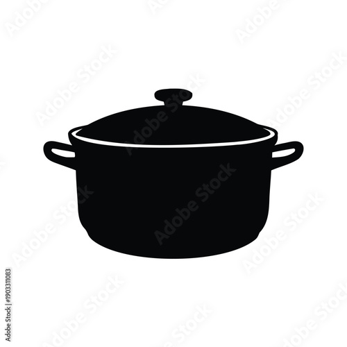 Black and white pot with lid and handles, elegant kitchenware silhouette vector illustration, cooking pot silhouette vector illustration