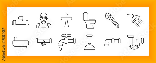Plumbing set icon. Pipes, plumber, sink, toilet, wrench, showerhead, bathtub, faucet, plunger, dripping tap, joints, and u-bend showing repair and water system-related tools.