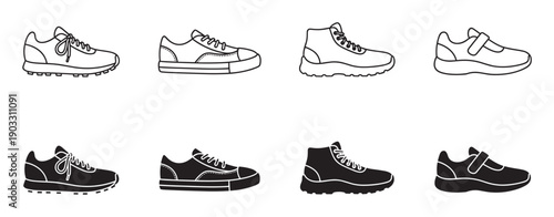 Set of eight shoe icons in outline and silhouette styles, showing various types of athletic footwear like sneakers, trainers, and boots in a simple graphic illustration