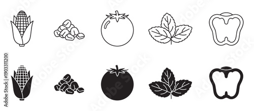 Collection of black vegetable icons featuring corn, tomato, bell pepper, and a mint leaf, presented in both minimalist outline and solid silhouette graphic styles
