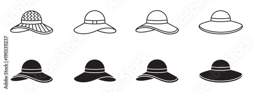 Black summer sun hat icon collection showing women's wide-brimmed headwear in minimalist line art and solid silhouette vector styles