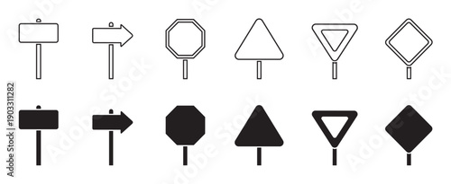 Collection of blank road sign icons in various geometric shapes including octagon, triangle, and diamond, presented as both thin line art and solid black silhouette vector graphics