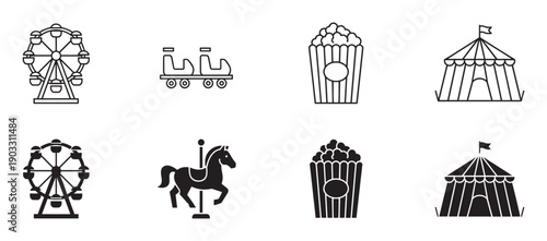 Set of black amusement park icons featuring a Ferris wheel, carousel horse, circus tent, popcorn, and roller coaster presented in both minimalist line art and solid glyph styles