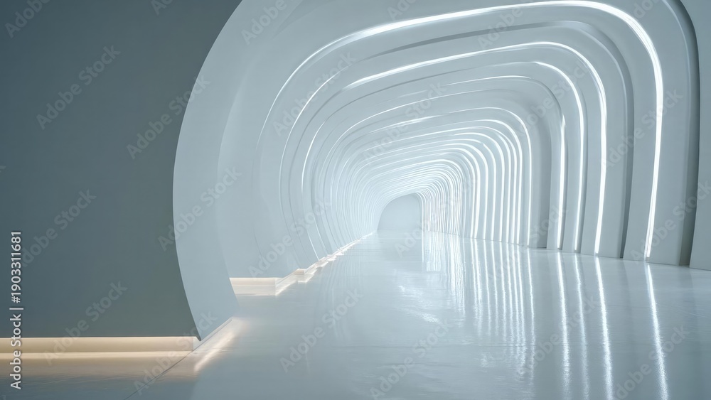 Fototapeta premium A futuristic white tunnel with curved glowing arches and a glossy reflective floor. Concept Futuristic architecture, White tunnel, Curved glowing arches, Glossy reflective floor, Cinematic lighting