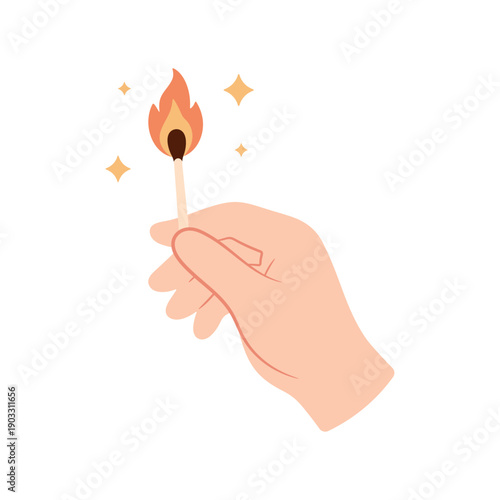 Vector illustration of a hand holding a burning match. Symbol of light, idea, hope and beginning. Suitable for inspiration, energy, fire and symbolic concepts. Isolated on white.