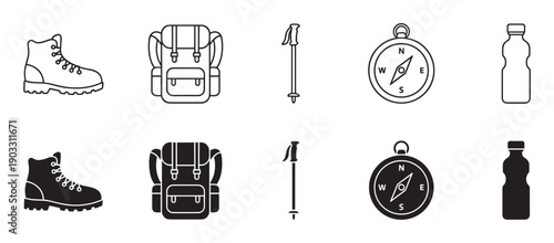 Hiking and camping equipment icon set featuring a boot, backpack, trekking pole, compass, and water bottle in both line art and solid black silhouette styles for outdoor adventure concepts