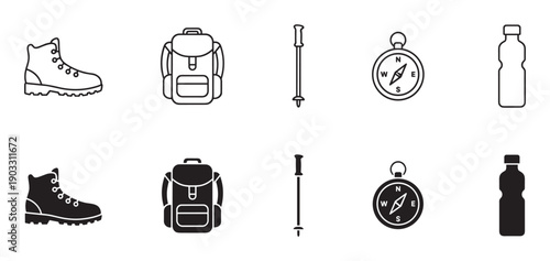 Set of hiking and camping icons featuring a boot, backpack, trekking pole, compass, and water bottle in both outline and solid glyph styles for outdoor adventure concepts
