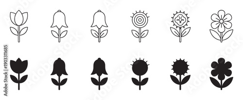 Collection of simple black flower icons in outline and silhouette styles, featuring various minimalist floral designs like tulips and sunflowers for graphic design elements