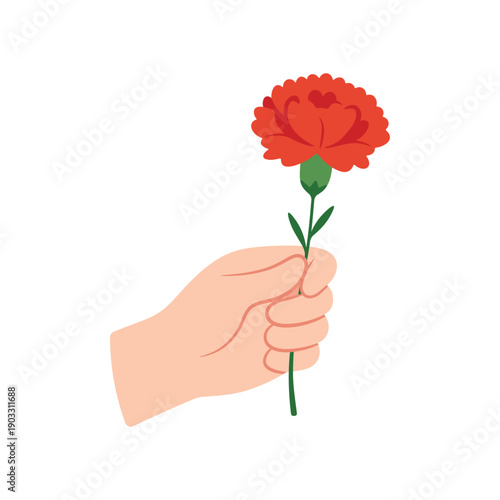 Vector illustration of a hand holding a red carnation flower. Symbol of love, respect, gratitude and remembrance. Perfect for holidays, memorial designs, greeting cards and floral concepts.