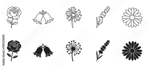 Set of minimalist flower icons showing a rose, dandelion, lavender, daisy, and bellflower in both black outline and solid silhouette styles for graphic design elements