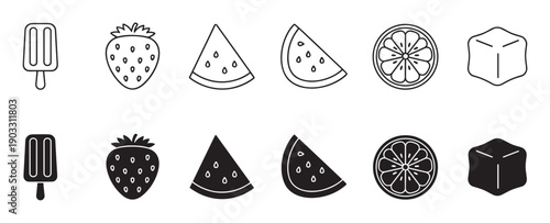 Set of black and white summer food icons including popsicle, strawberry, watermelon, citrus, and ice cube in two styles, line art and solid glyph for graphic design