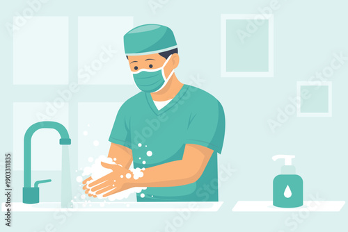 Illustration of a surgeon washing hands at a sink before surgery, symbolizing hygiene, sterilization, patient safety, and professional medical preparation.
