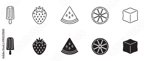 Summer food and drink icon set with popsicle, strawberry, watermelon, citrus, and ice cube in outline and solid black glyph styles for design elements