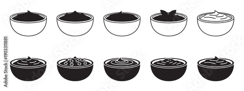 Set of sauce bowl icons in line art and silhouette styles shows various dips and condiments with different textures and garnishes for food-related graphic design projects