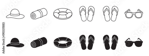 Set of black summer beach icons featuring a hat, towel, inflatable ring, flip-flops, and sunglasses presented in both outline and silhouette styles for vacation concepts