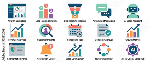 Collection of fifteen colorful flat icons representing AI sales and CRM tools for business automation, analytics, and customer management in a modern vector illustration style