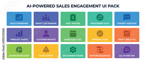 Colorful user interface kit with buttons for an AI-powered sales engagement platform, featuring flat icons for dashboard, CRM, analytics, and automation in a modern design