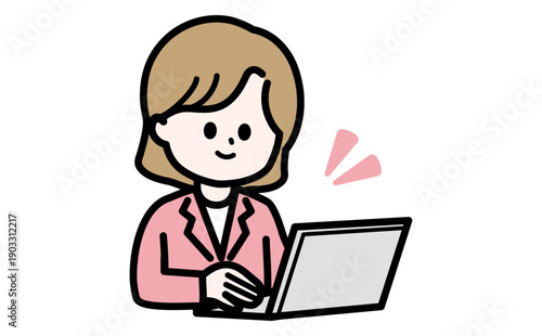 ノートパソコンで効率よく事務作業をする女性のイラスト。テレワークや在宅ワークの成功イメージ。