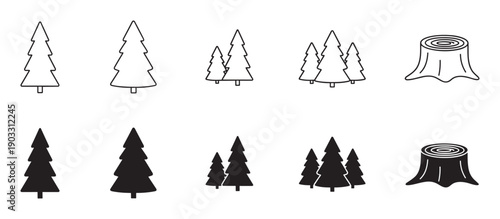 Set of black and white tree icons featuring pine, fir, and stump illustrations in both outline and solid silhouette styles for graphic design and nature concepts