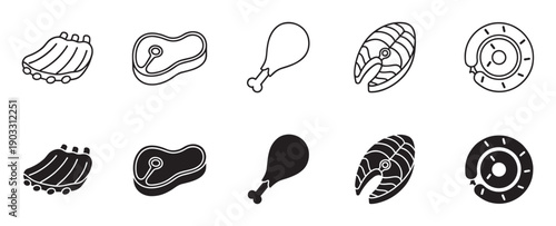 Meat and fish icons set in outline and solid glyph styles, featuring pork ribs, beef steak, chicken leg, salmon slice, and sausage for a butcher shop or menu design