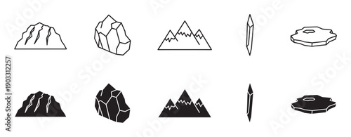 Set of minimalist black icons depicting mountains, rocks, crystals, and icebergs in both outline and solid silhouette styles, presented as a collection of graphic elements