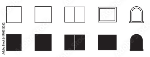 Set of black and white window icons in various simple geometric shapes, including square, divided, and arched designs, presented as both line art outlines and solid silhouettes