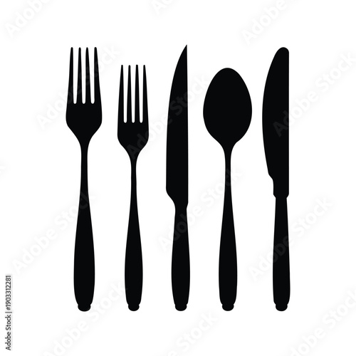 Silhouette of cutlery set with forks, knives, and spoons for restaurant or dining table vector illustration, cutlery set silhouette vector illustration