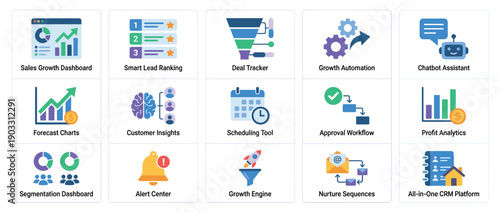 Colorful collection of flat business icons representing sales growth, CRM platforms, marketing automation, and analytics concepts like dashboards, funnels, and chatbots