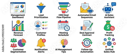 Colorful flat design icon set illustrating sales concepts like CRM pipeline, AI assistant, revenue forecast, and customer segmentation for business process and marketing visuals