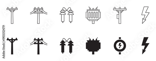 Collection of electric power line vector icons showing utility poles, transformers, and insulators in both outline and solid glyph styles for graphic design