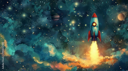 An artistic of a rocket ascending into space set against a colorful cosmic backdrop.