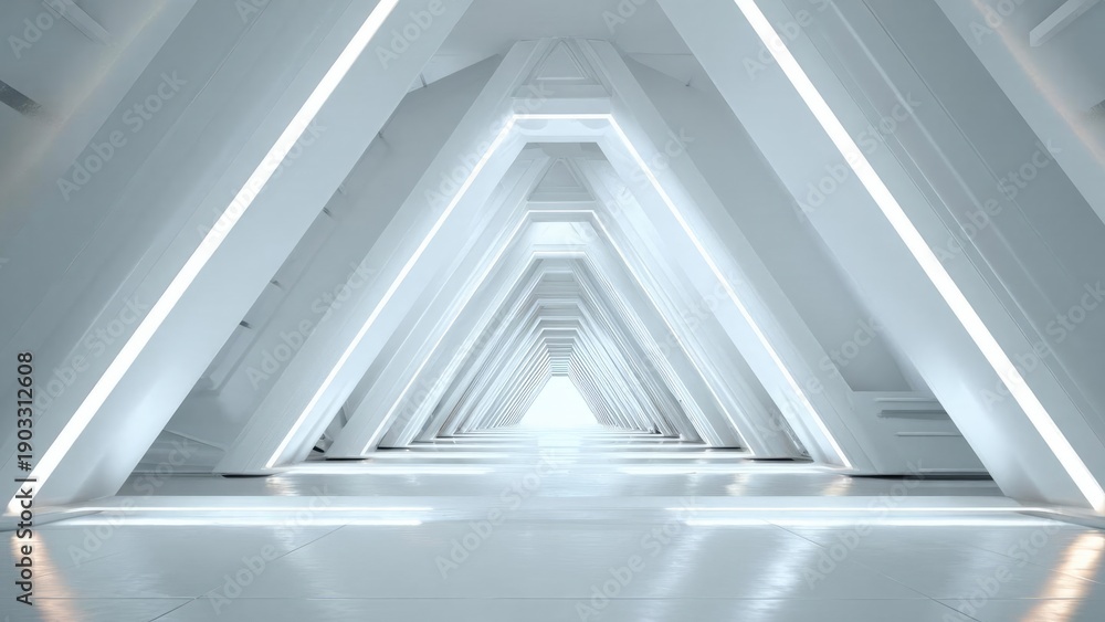 Obraz premium A long white futuristic hallway with repeating triangular arches and glowing edge lighting. Concept Futuristic white hallway, Repeating triangular arches, Glowing edge lighting, Symmetry and depth