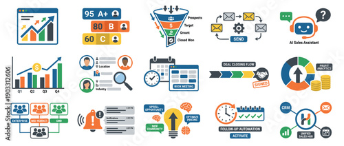 Collection of colorful flat business icons illustrating sales, marketing, CRM, profit analytics, automation, and customer data management concepts