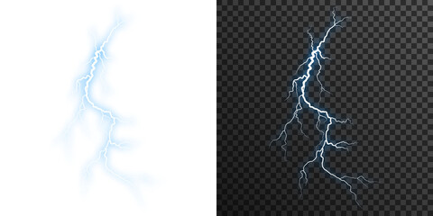 Realistic blue lightning bolt PNG isolated on transparent background with electric storm energy and glowing flash
