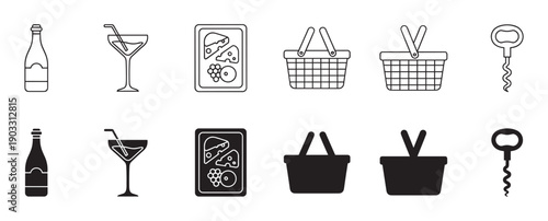 Black and white picnic icon collection featuring wine, cheese platter, cocktail glass, shopping basket, and corkscrew in outline and silhouette styles