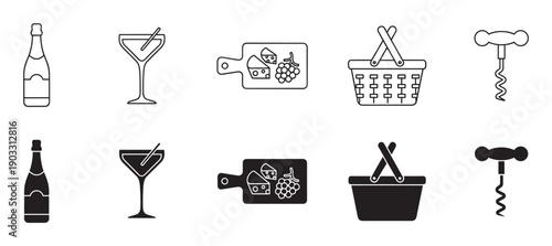Set of black picnic and wine icons in line art and solid glyph styles showing a bottle, glass, cheese board, basket, and corkscrew for a celebration