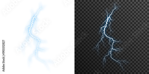 Obraz na plátně Realistic blue lightning bolt PNG isolated on transparent background with electr