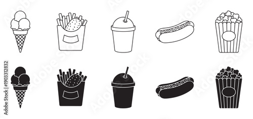 Set of black fast food icons in two styles, line art and solid silhouette, featuring an ice cream cone, french fries, a soda cup, a hot dog, and a box of popcorn