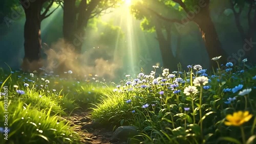 Sunlight streams through the trees, illuminating a path lined with wildflowers in a lush forest, creating a serene